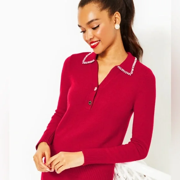 Lilly Pulitzer LZONA Sweater Poinsettia Red Sz Large Pearl Embellished tried on